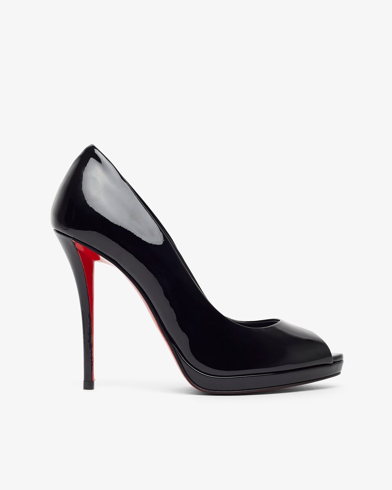 Black high-heeled shoe with a red sole on a white background