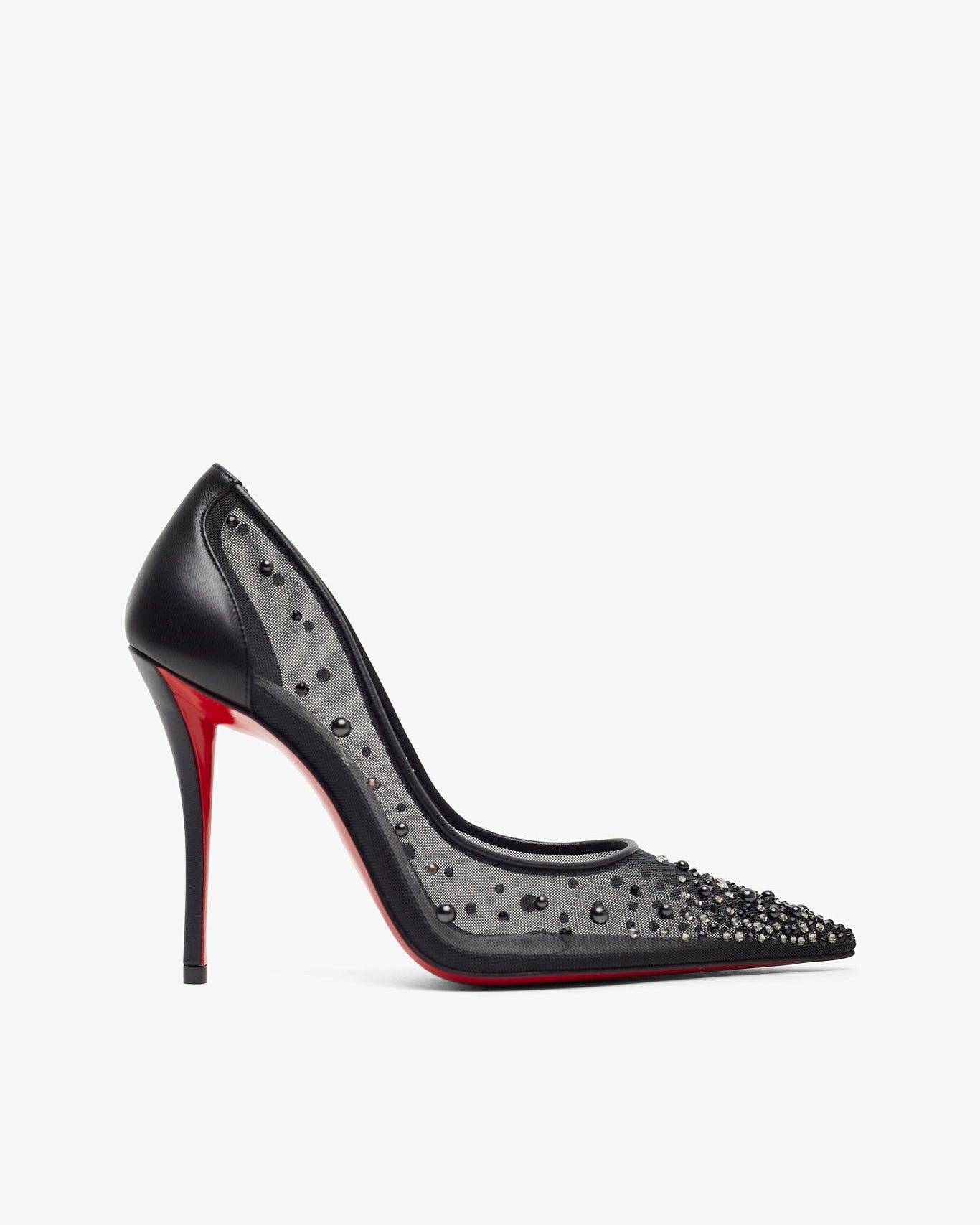 Black high-heeled shoe with red sole on a white background
