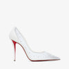 White high-heeled shoe with red sole on a white background