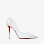 White high-heeled shoe with red sole on a white background