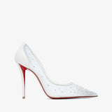 White high-heeled shoe with red sole on a white background