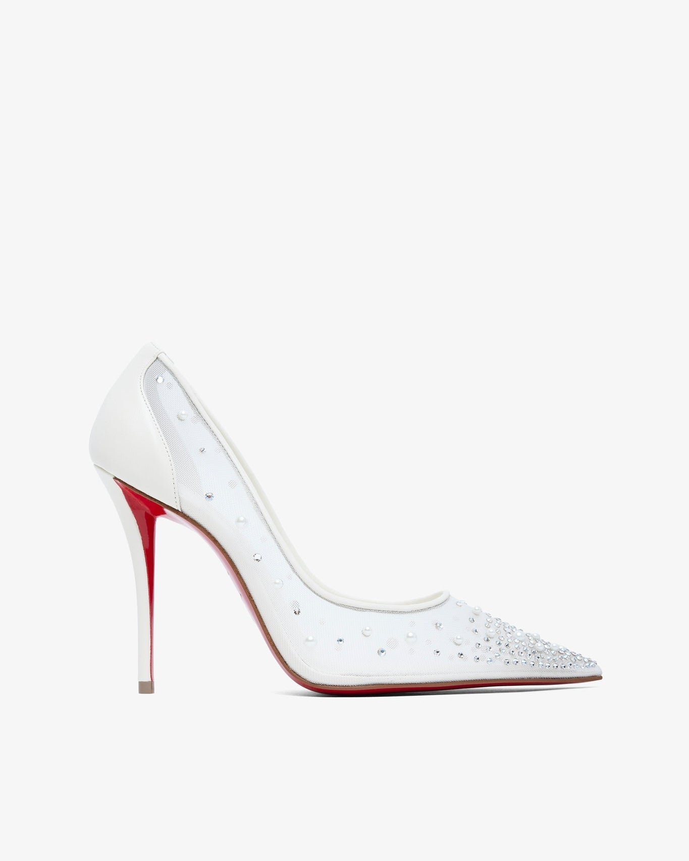 White high-heeled shoe with red sole on a white background