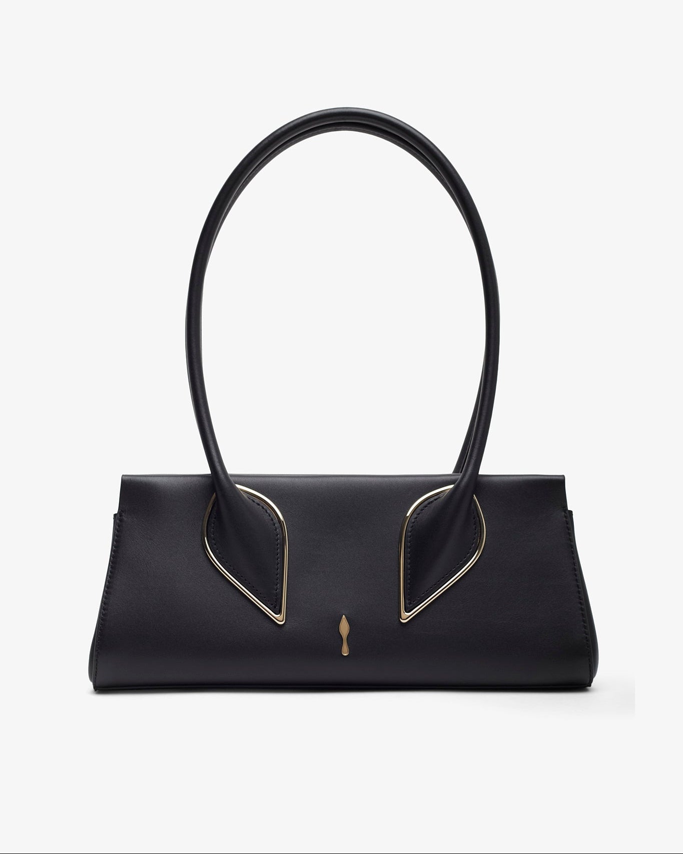 Black handbag with gold accents on a white background