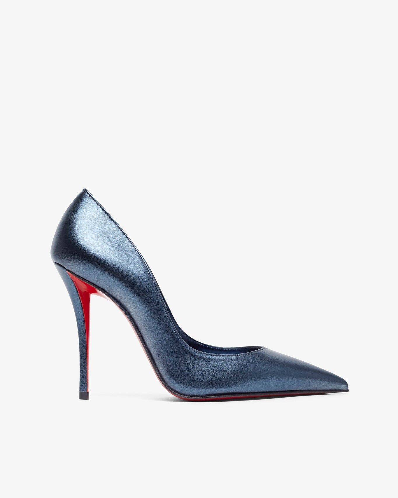 Blue high-heeled shoe with red sole on a white background