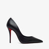 Black high-heeled shoe with red sole on a white background