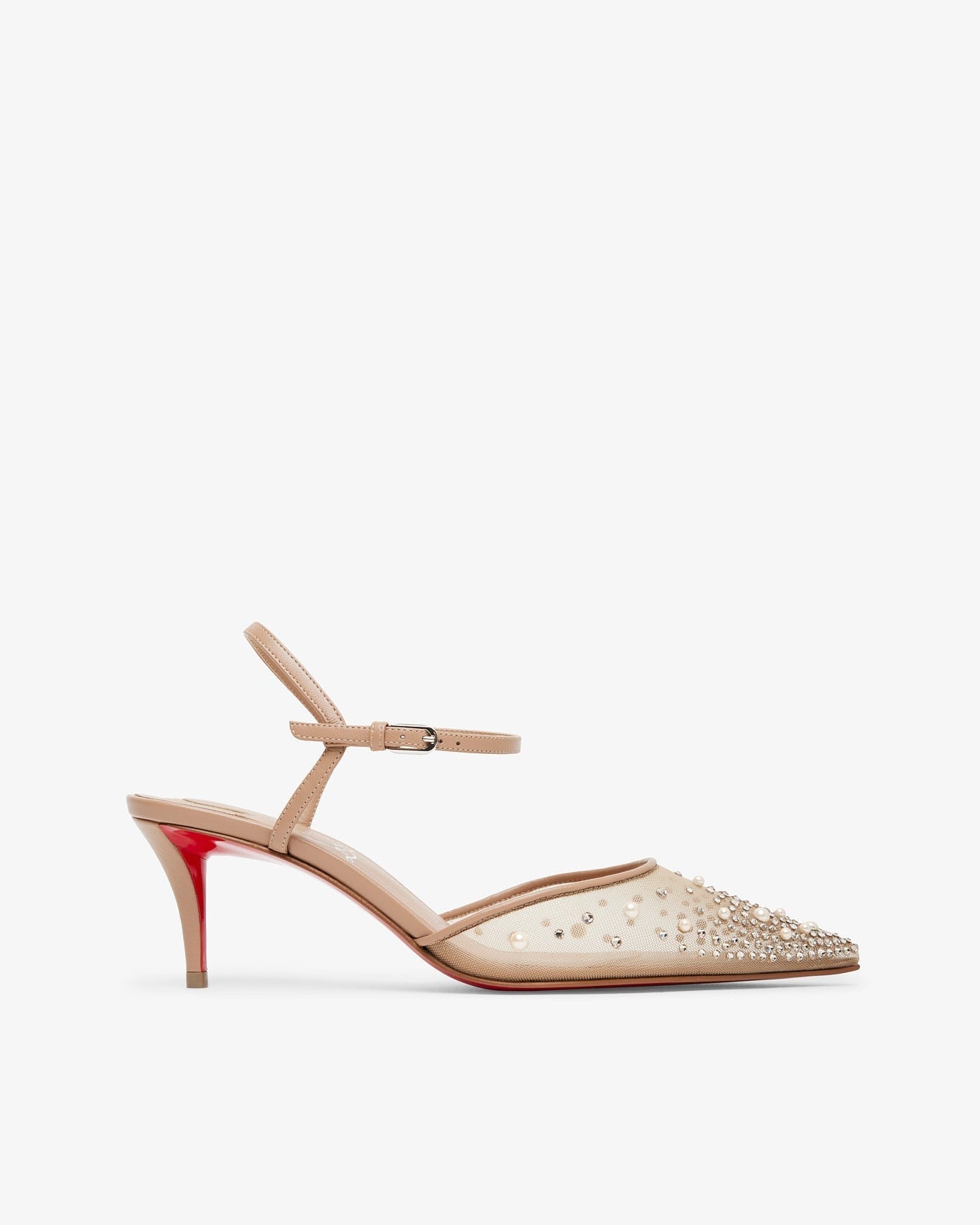 Beige high-heeled shoes with red sole on a white background