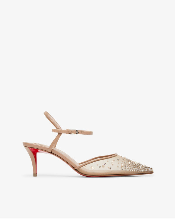 Beige high-heeled shoes with red sole on a white background