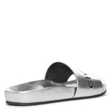Metallic silver leather pool slides