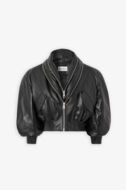 Zipped black leather bomber jacket