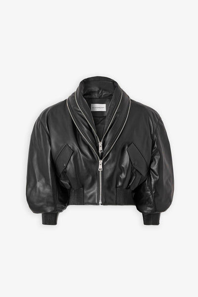 Zipped black leather bomber jacket