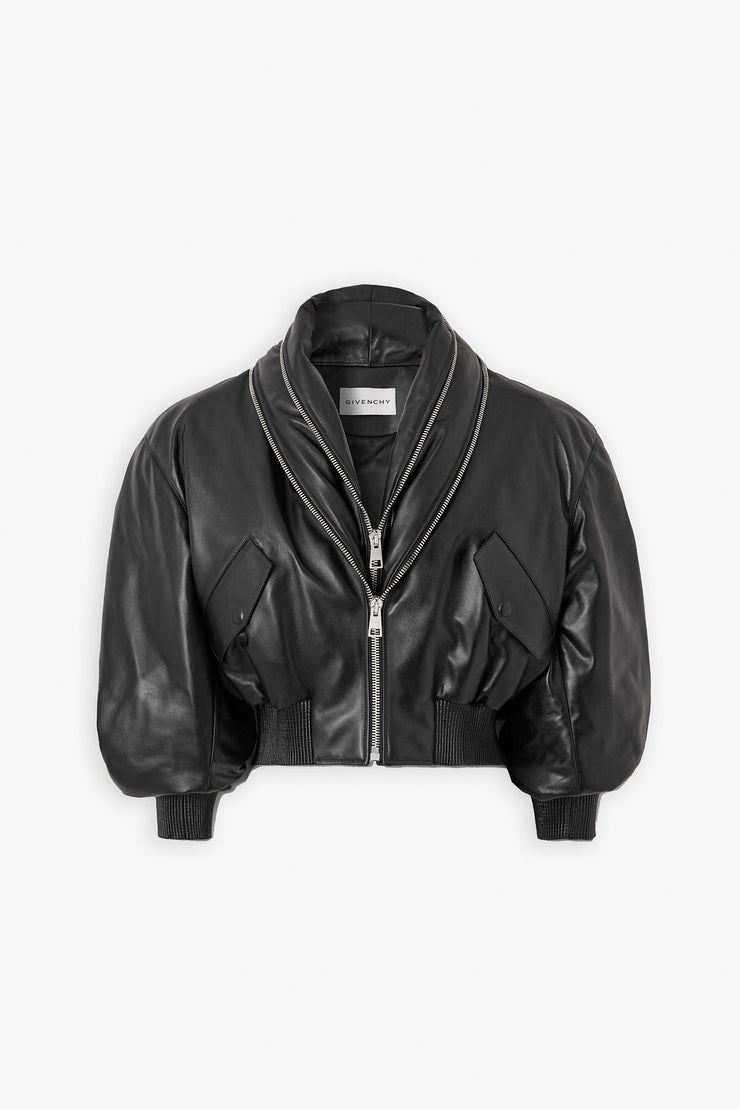 Zipped black leather bomber jacket