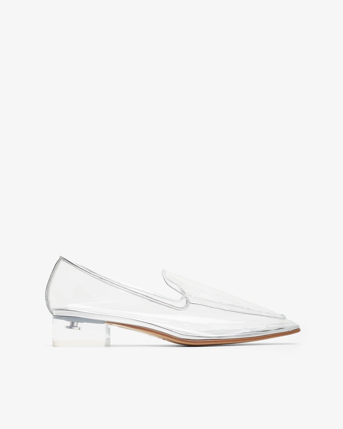 Clear high-heeled shoe on a white background