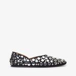 Black flat shoe with silver embellishments on a white background