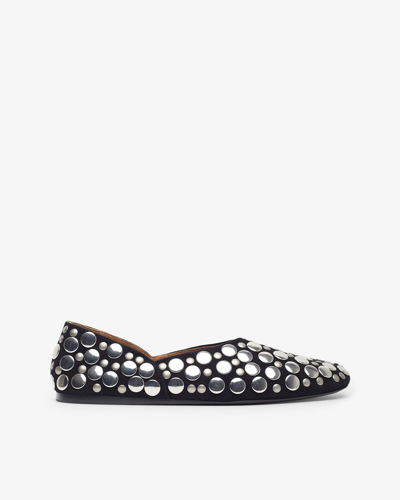 Black flat shoe with silver embellishments on a white background