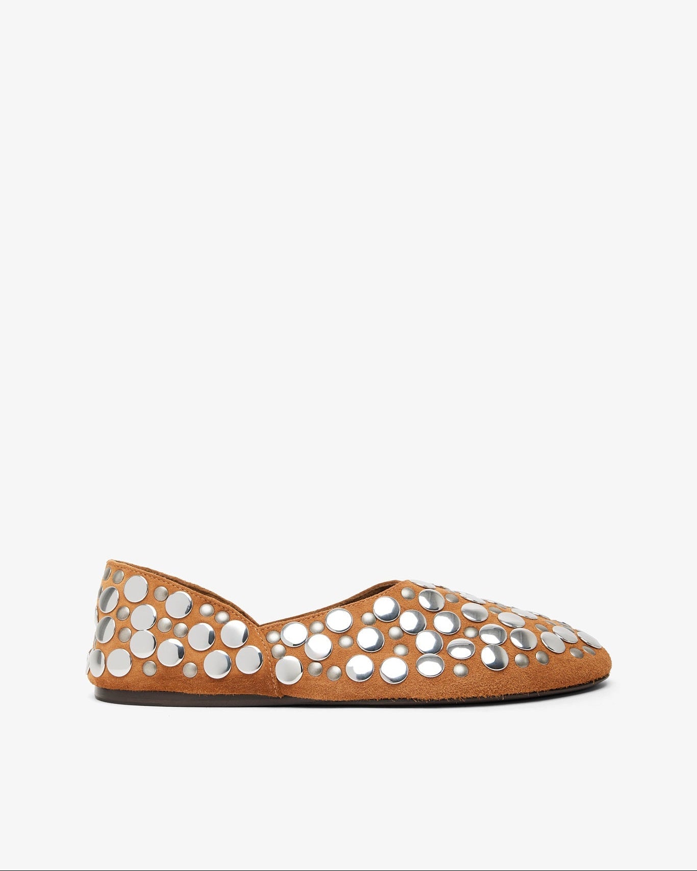 Tan flat shoe with white embellishments on a white background
