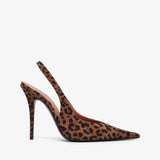 Leopard print high-heeled shoe on a white background