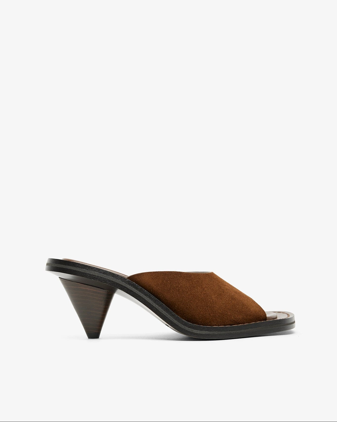 Brown sandal with a black heel on a white background