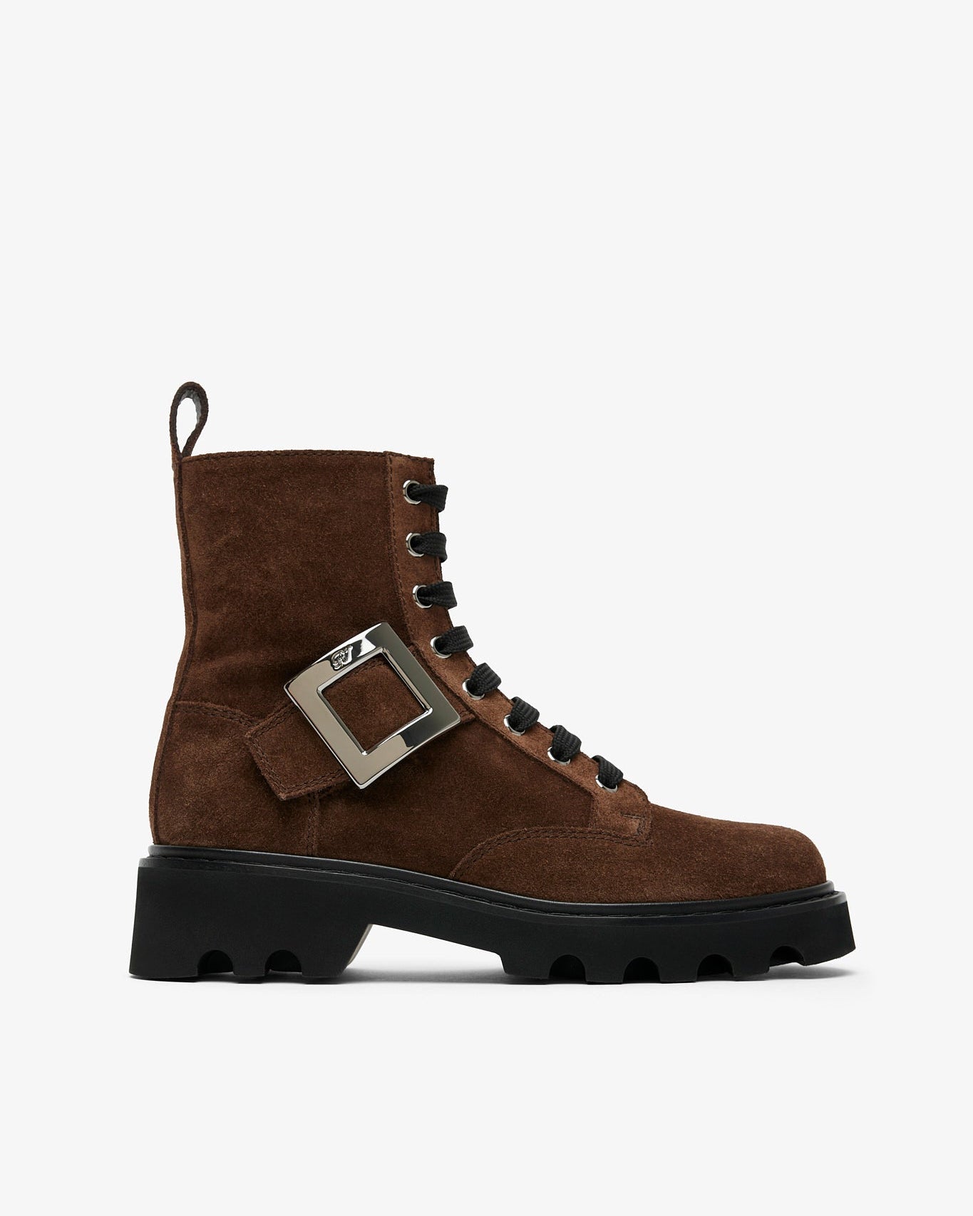 Brown suede boot with a silver buckle on a white background