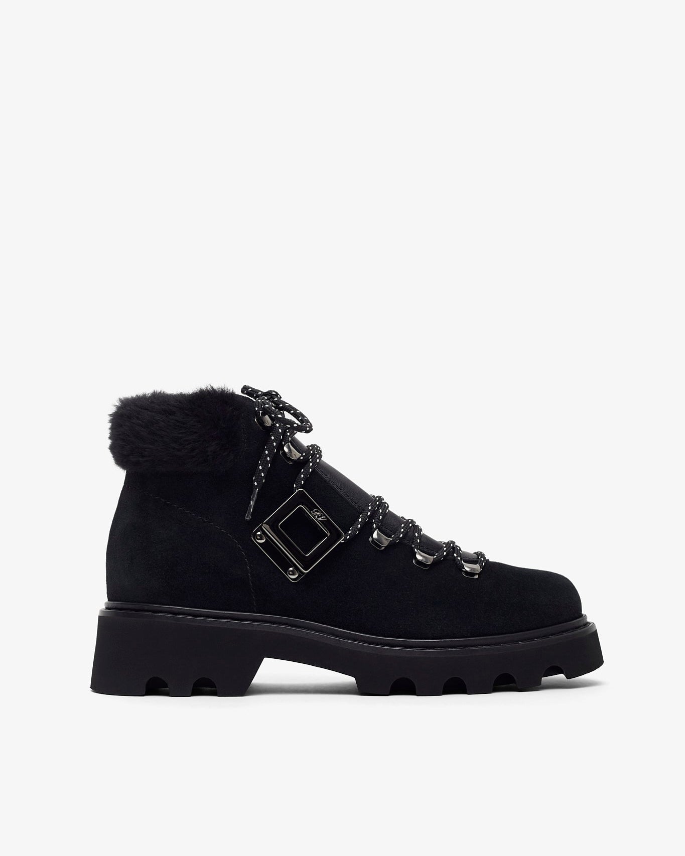 Black boot with fur trim on a white background