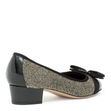 Vara quilted golden fabric black patent pumps