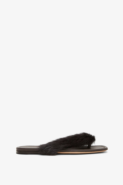 Loly black fur thong flat sandals