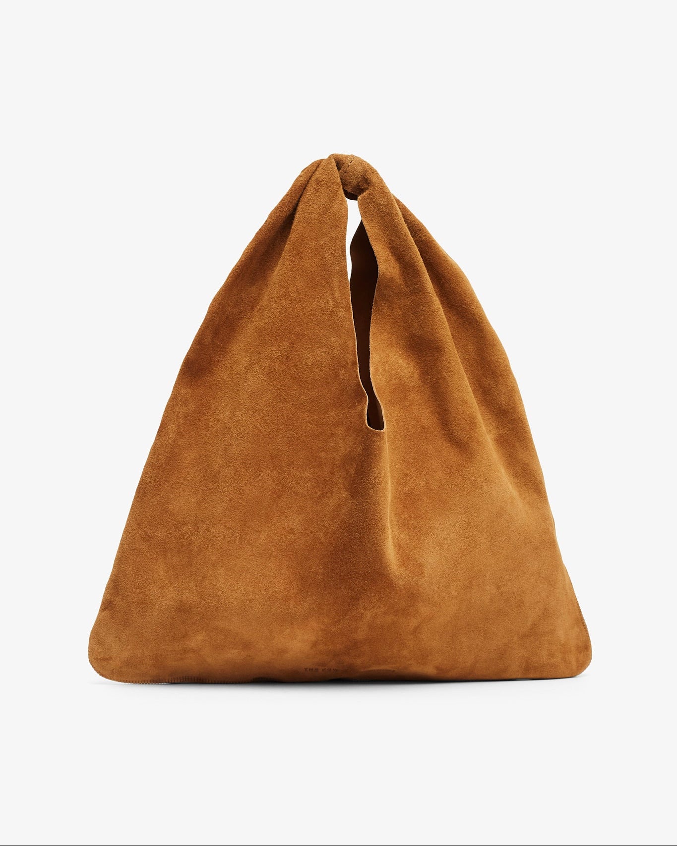 Brown suede handbag on a light gray background