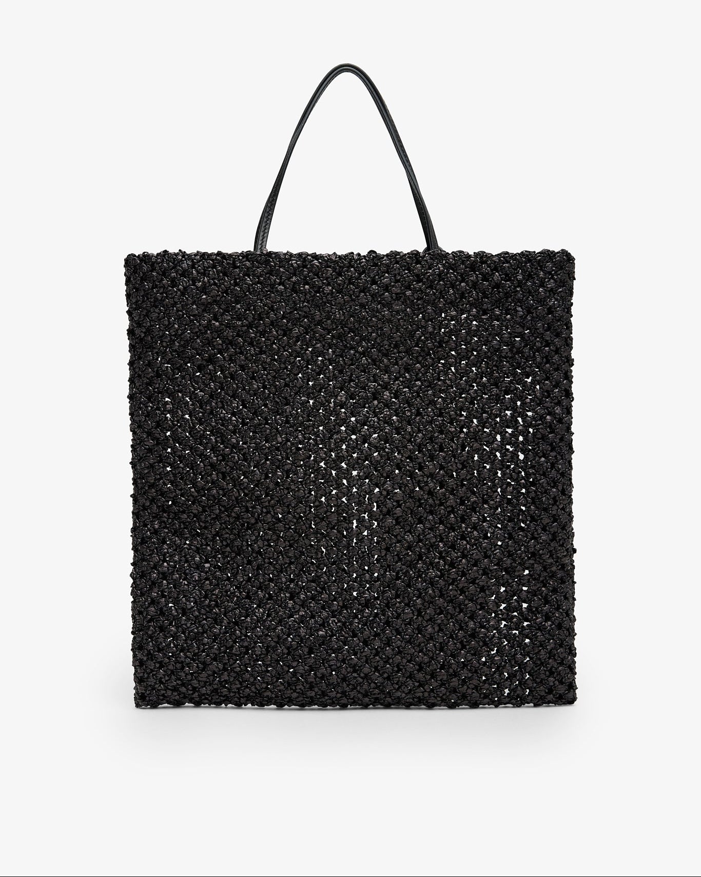 Black woven tote bag on a white background