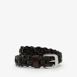 Black woven belt with a silver buckle on a white background