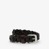 Black woven belt with a silver buckle on a white background