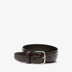 Brown leather belt with silver buckle on a white background