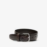 Brown leather belt with silver buckle on a white background