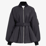 Belted black bomber jacket