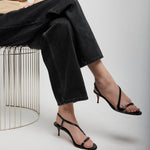 Person wearing black high-heeled sandals sitting on a wire stool against a plain background