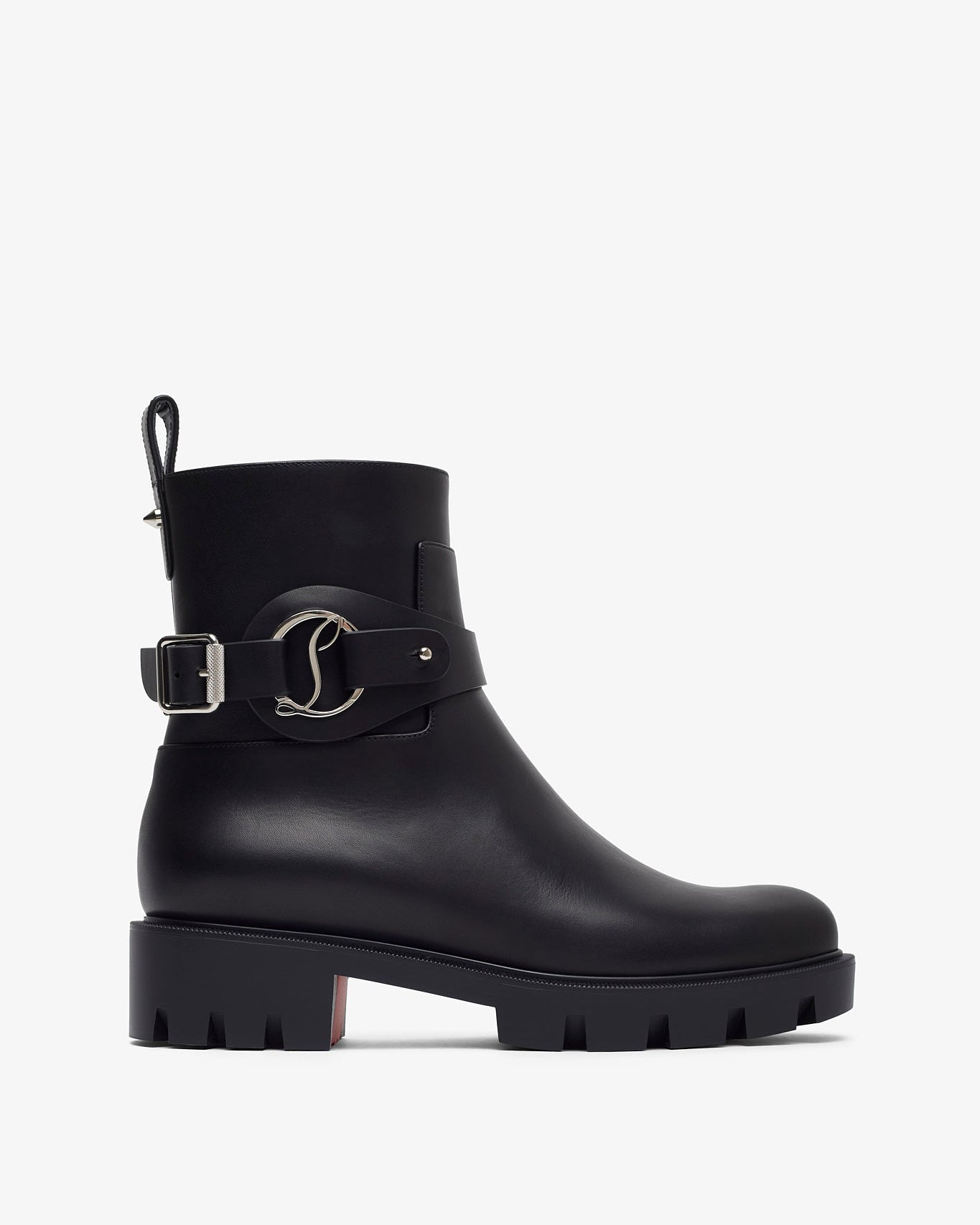 Black rain boot with a buckle on a white background