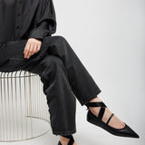 Ankle ribbon black ballet flats