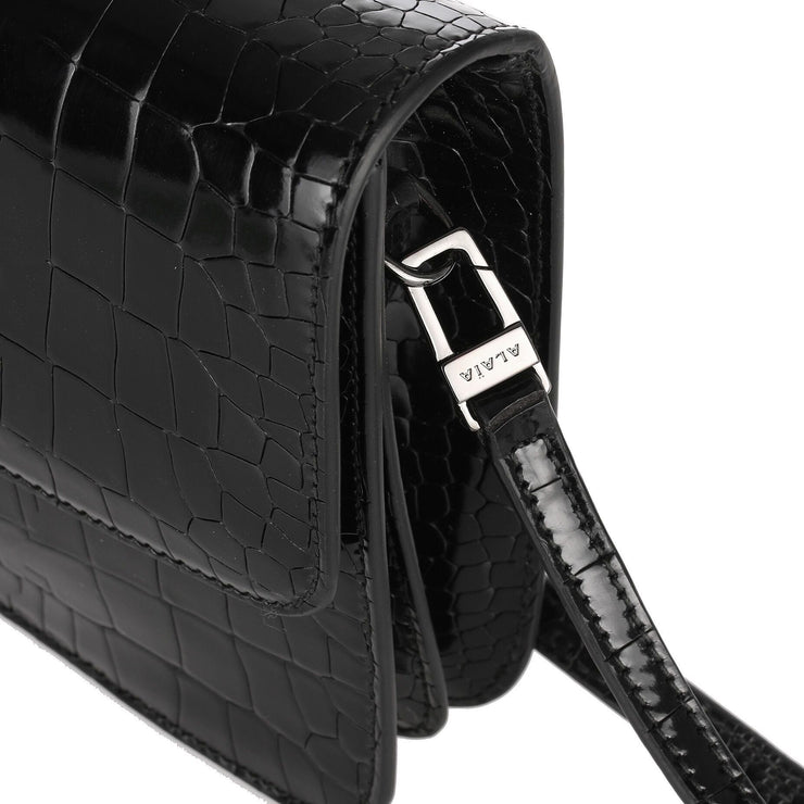 Patent black croc-embossed satchel