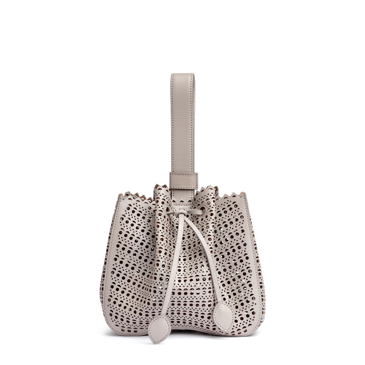 Grey leather laser-cut bucket bag