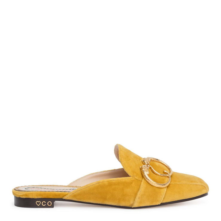 Yellow 20 velvet mule flats