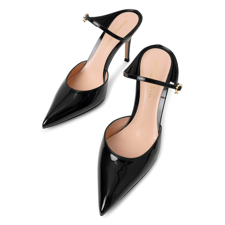 Black 85 patent mule pumps