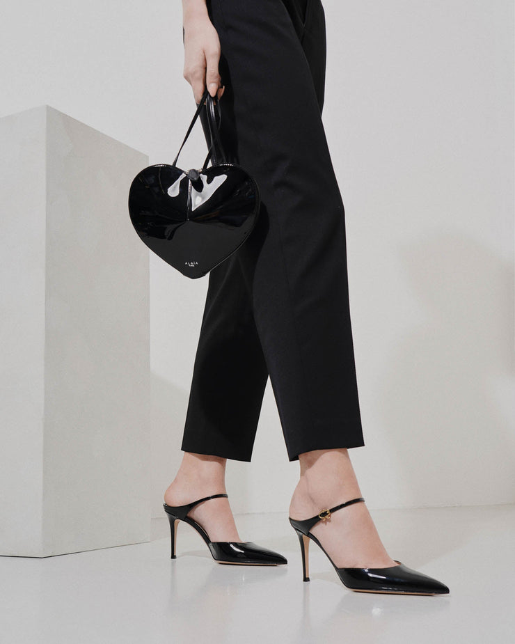 Black 85 patent mule pumps