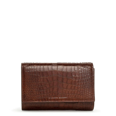 Brown croco embossed leather clutch