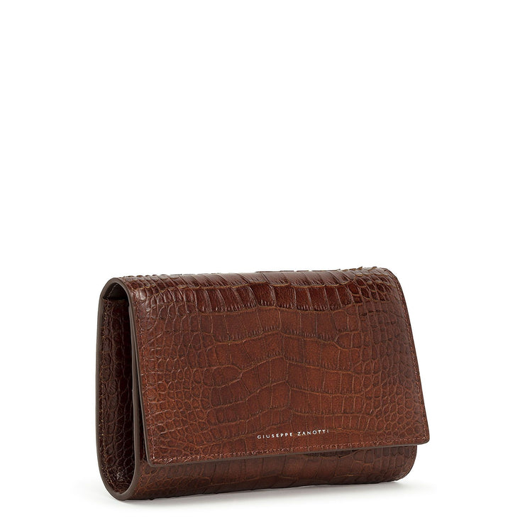 Brown croco embossed leather clutch